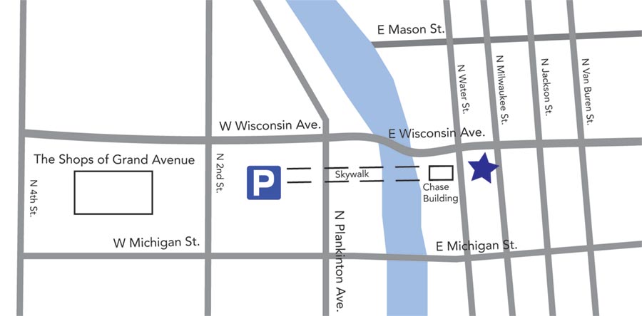 Map of free parking for Dental Associates downtown Milwaukee.