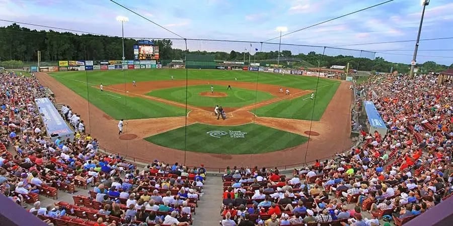 Spectators watch a baseball game at Fox Cities Stadium in Appleton, Wisconsin.