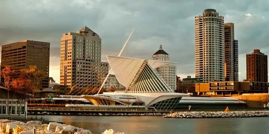 The Milwaukee Art Museum and downtown skyline along the Lake Michigan waterfront in Wisconsin.