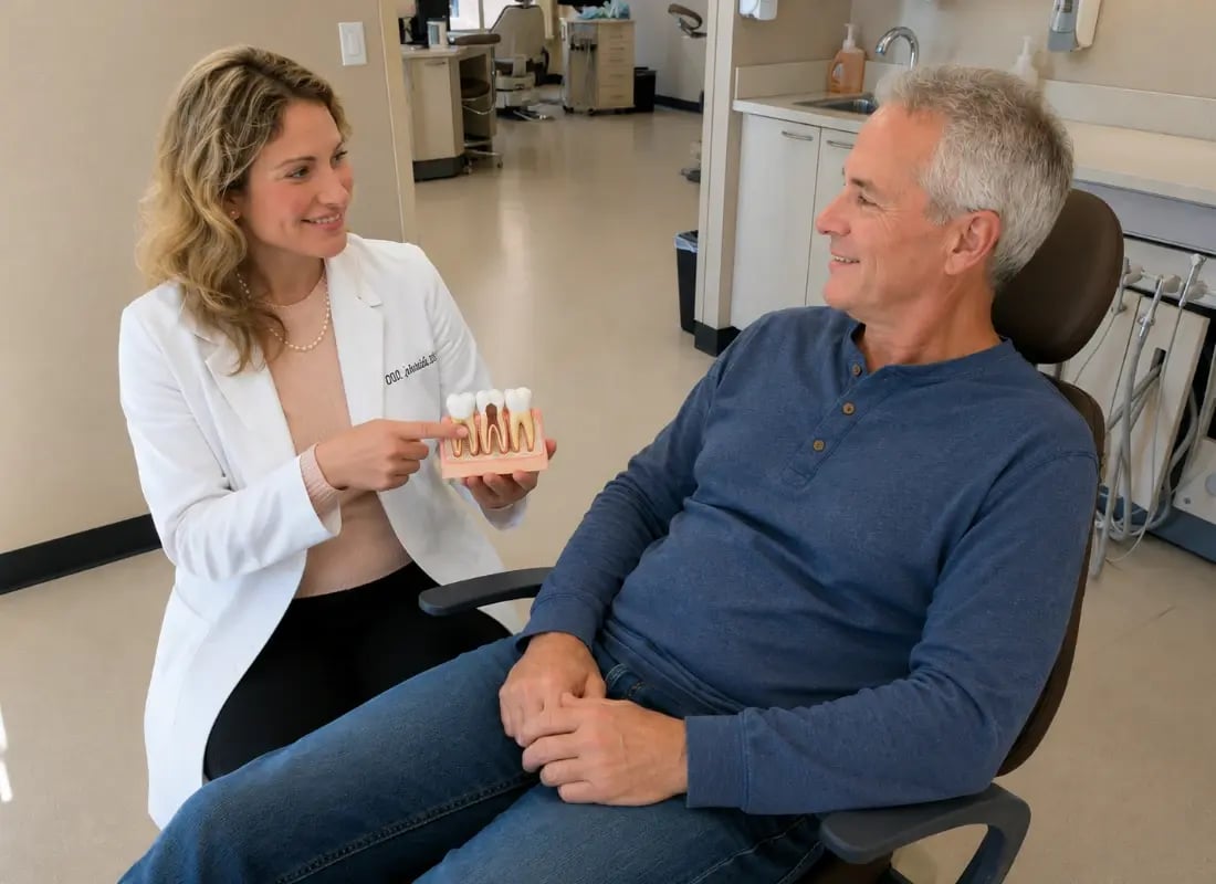 A female dentist uses a teeth model to explain a dental procedure to a male patient in a clinic.