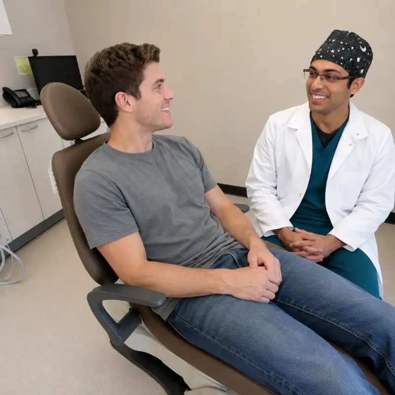 A male patient smiling while consulting with a friendly dentist in a dental office.