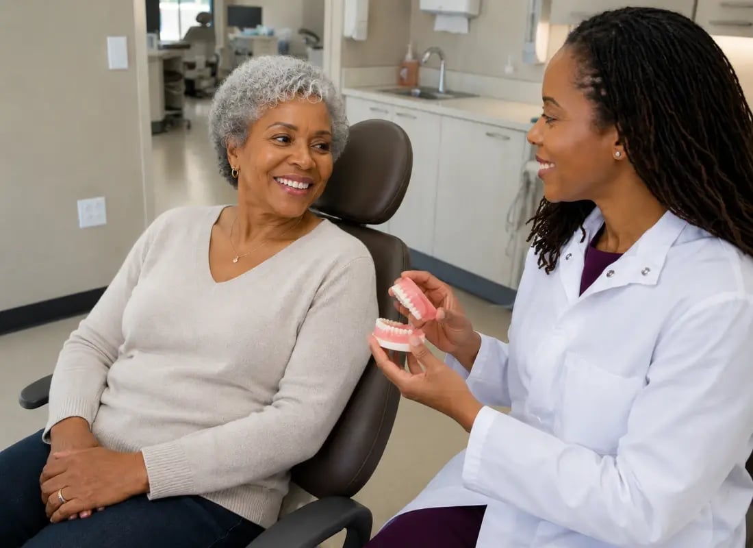 A dentist shows a denture model to a smiling senior patient during a consultation.