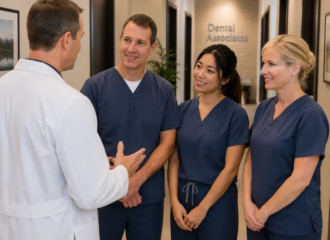 A dentist in a white coat talks with three dental assistants in blue scrubs at a Dental Associates office.