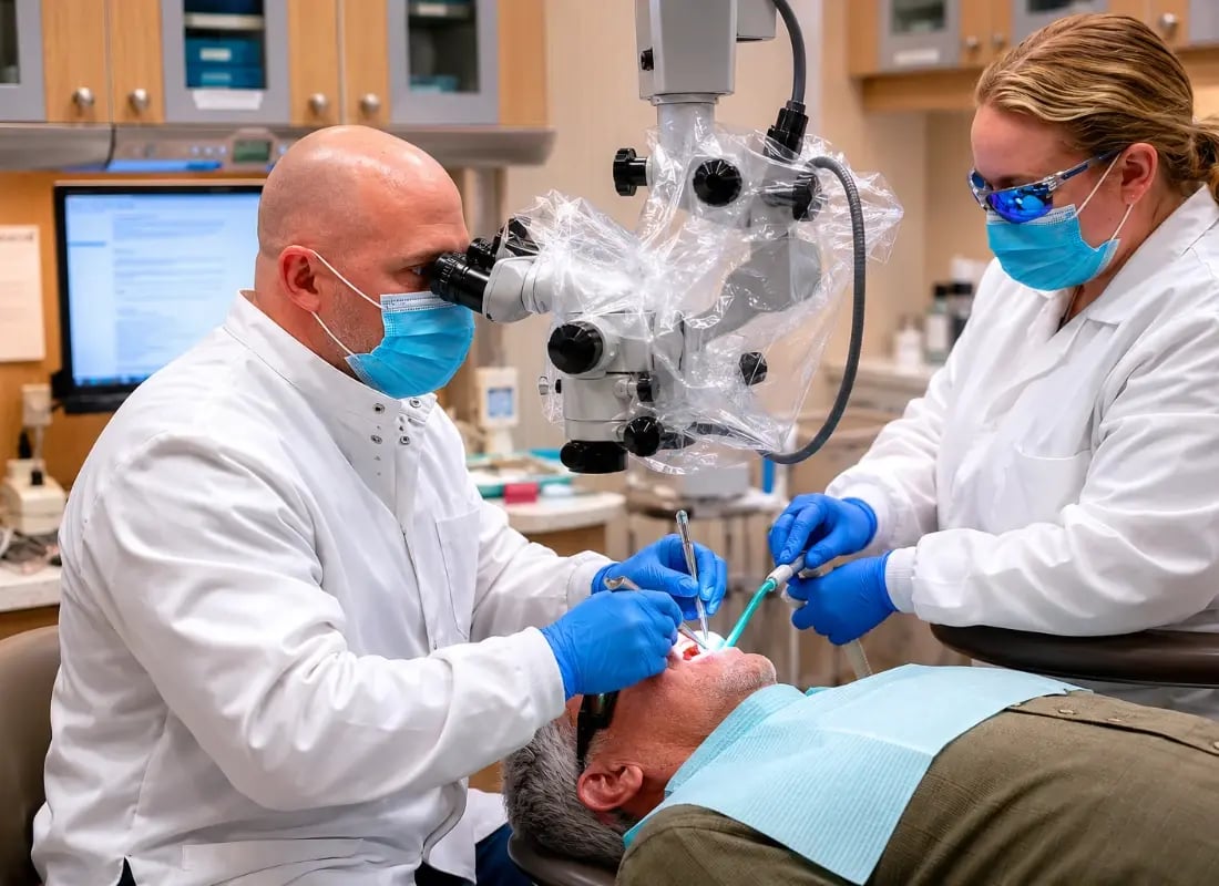 A dentist using a dental operating microscope to perform a precise procedure on a patient with an assistant.