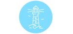A lighthouse icon on a blue background