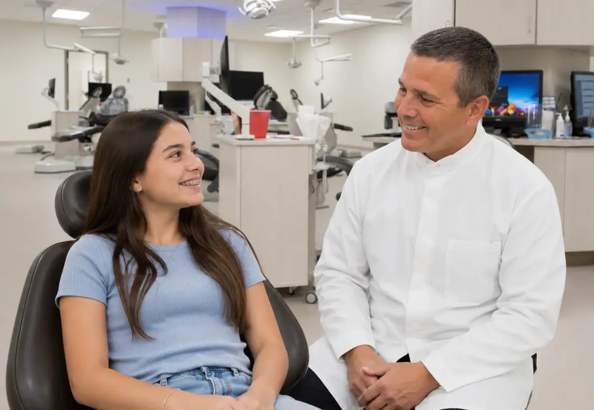 A smiling orthodontist in a white coat talks to a teenage girl with braces in a dental clinic.