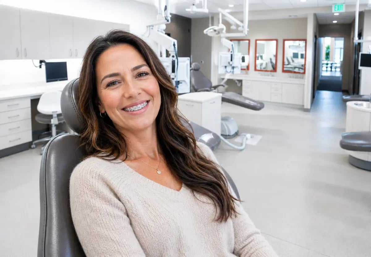 A smiling adult woman with braces sits in an orthodontic chair at a modern dental clinic.
