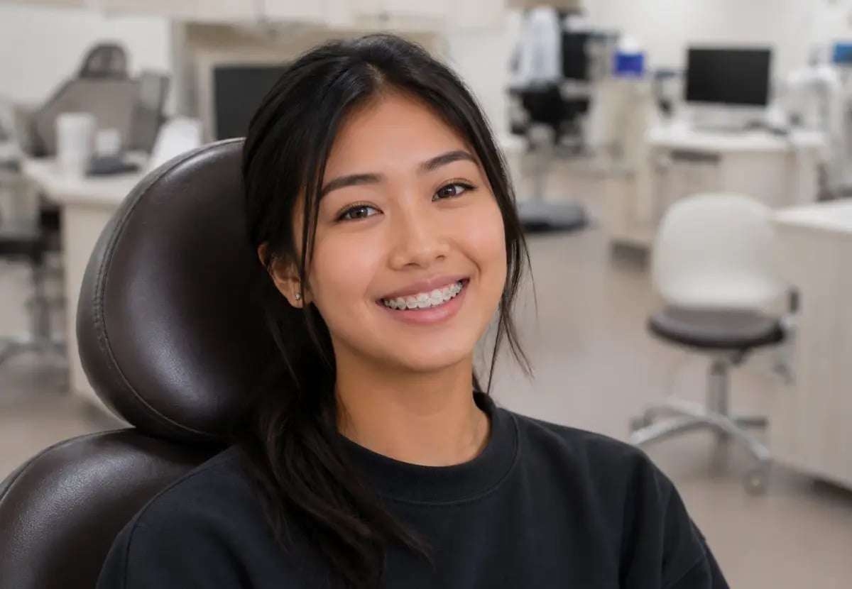 A young Asian woman with ceramic braces smiles while sitting in an orthodontic chair.