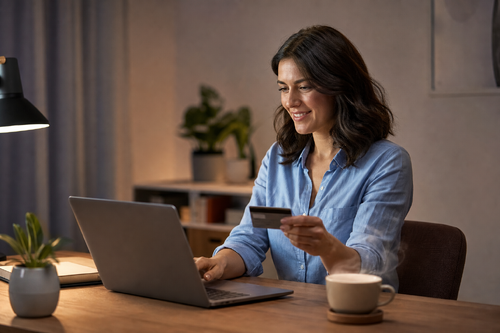 Woman Smiling Paying Bill on Laptop with Credit Card-1