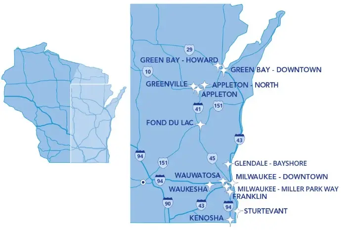 Map showing Dental Associates locations across eastern Wisconsin, from Green Bay to Appleton, Milwaukee, Racine and Kenosha.
