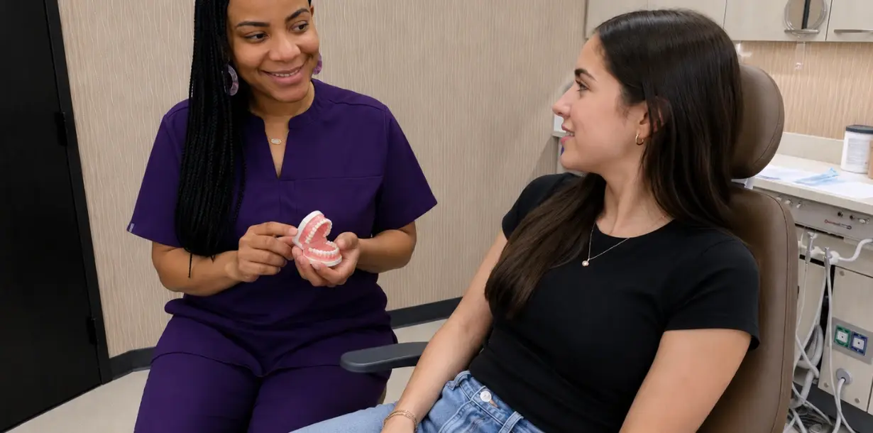 A dentist in purple scrubs uses a teeth model to explain a treatment plan to a patient during a consultation.