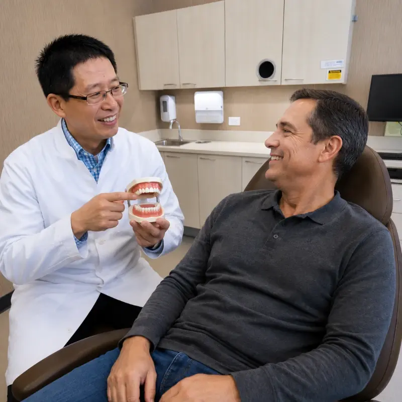 A dentist shows a teeth model to a smiling patient sitting in a dental chair.