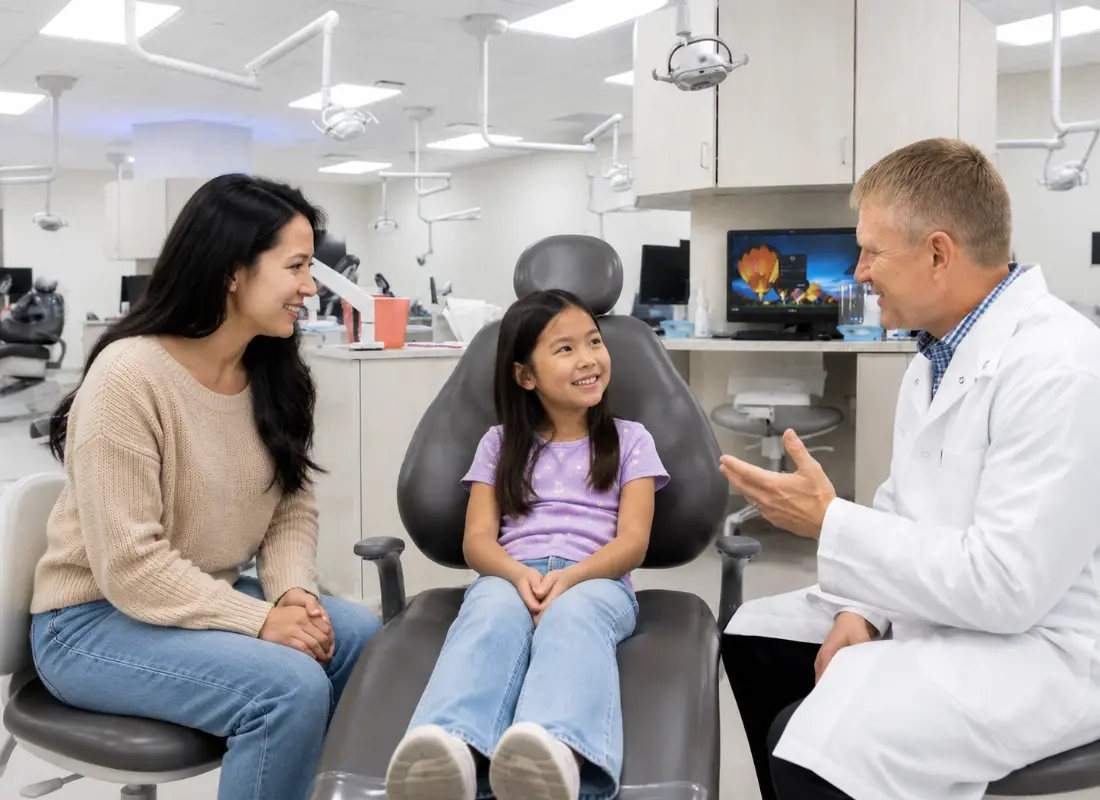 A young girl smiles in a dental chair during an orthodontic consultation with her mother and a friendly dentist.