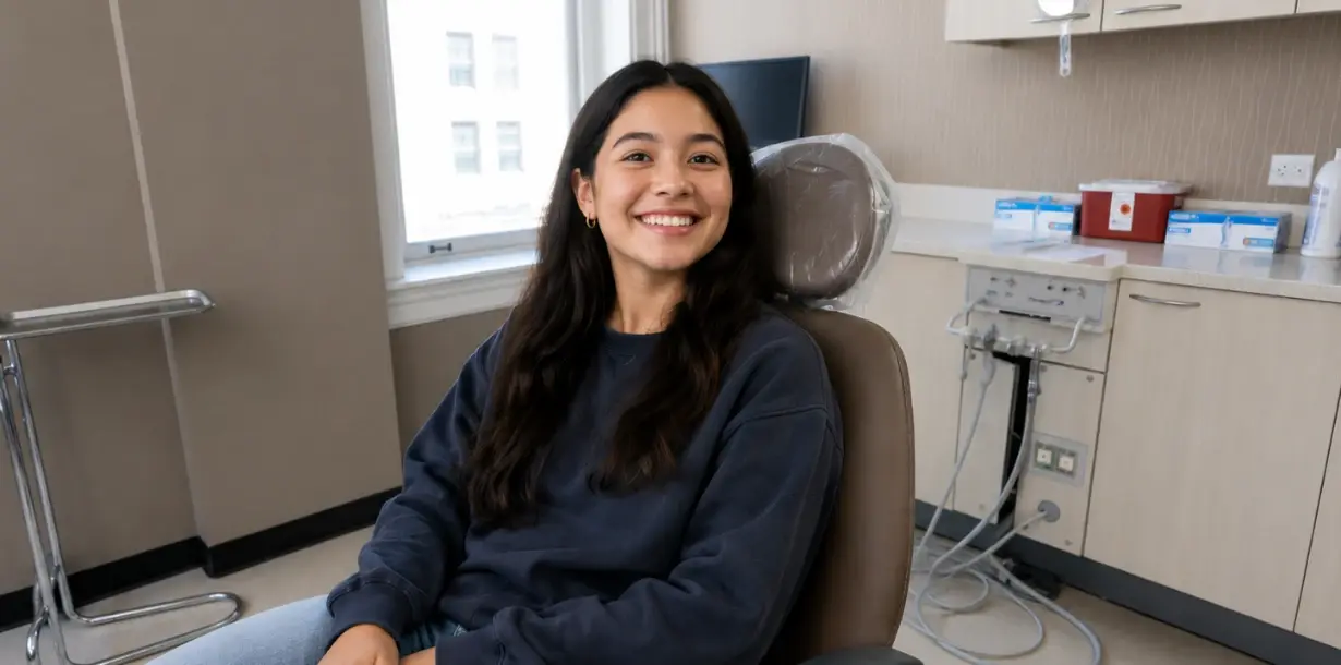 Smiling female patient sitting in a dental chair at an oral surgery clinic.