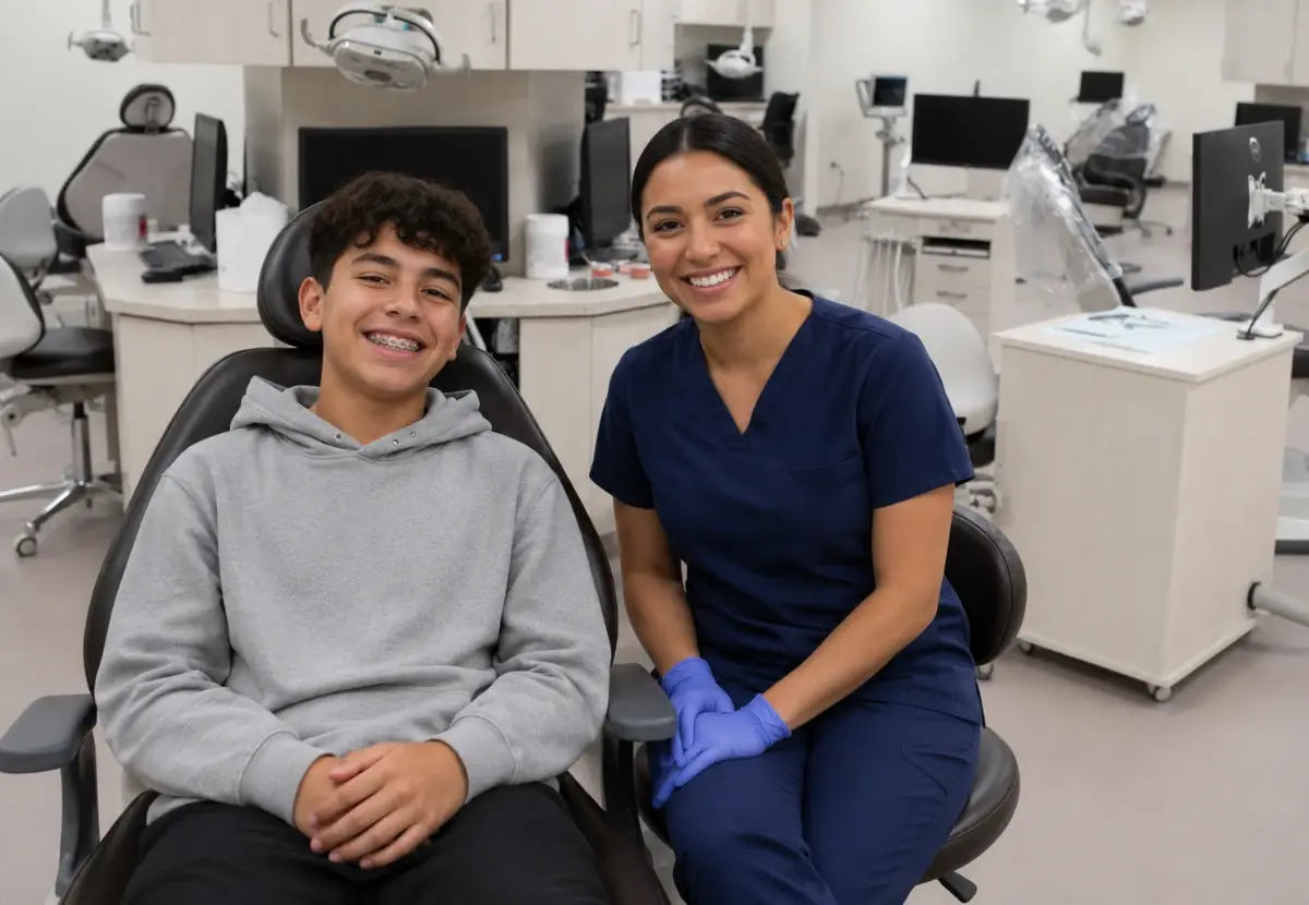 A smiling teenage boy with braces sits next to a friendly orthodontist in a modern dental office.